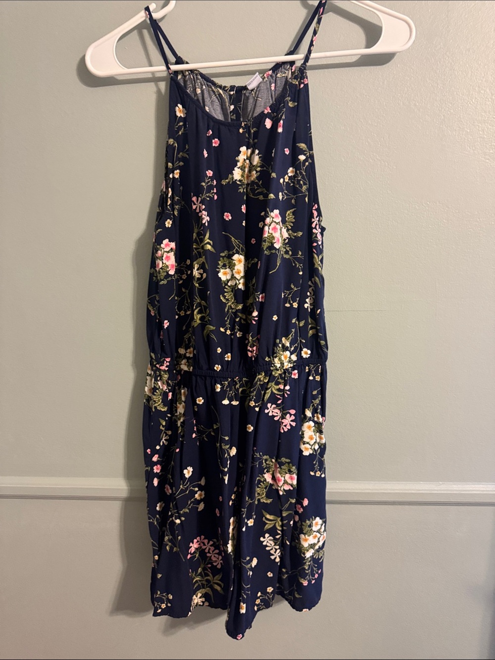 Navy Floral Spaghetti-Strap Women's short romper size medium